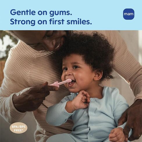 MAM Baby Toothbrushes (2 Baby's Brushes and 1 Safety Shield), Toothbrushes with Brushy the Bear Character, Interactive App, For Boys 6+ Months, Blue in Kuwait