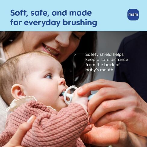 MAM Baby Toothbrushes (2 Baby's Brushes and 1 Safety Shield), Toothbrushes with Brushy the Bear Character, Interactive App, For Boys 6+ Months, Blue in Kuwait