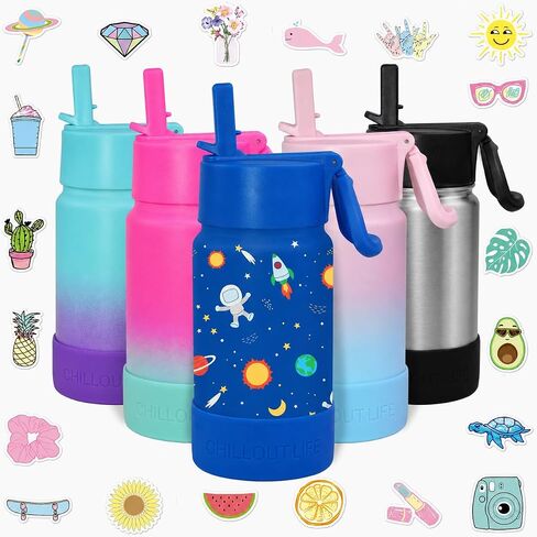 CHILLOUT LIFE 12 oz Kids Insulated Water Bottle for School with Straw Lid Leakproof and Cute Waterproof Stickers, Personalized Stainless Steel Thermos Flask Metal Water Bottle, Blue Space in Kuwait