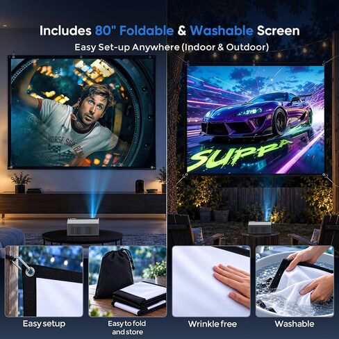 TMY Native 1080P Projector with 5G WiFi and Bluetooth 5.1, 4K Supported Mini Projector, Portable Projector Compatible with TV Stick/Phone/PC/DVD/HDMI/USB/TF, Outdoor Movie Projector in Saudi Arabia