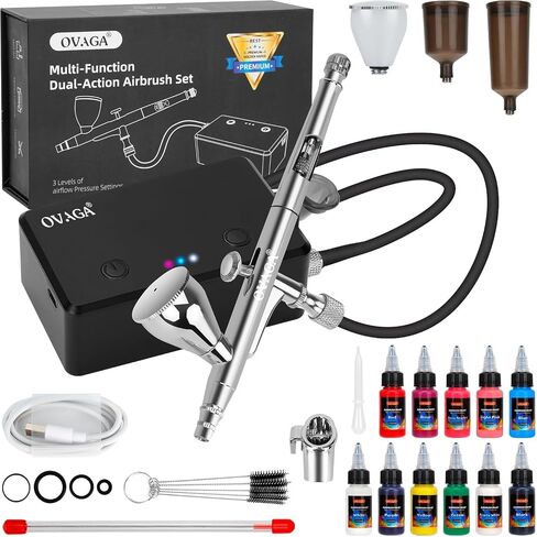 Ovaga 32PSI Airbrush Kit with Compressor, Rechargeable Multi-Function Dual-Action Airbrush Set Portable with Airbrush Paint Set 11 Colors for Painting Makeup Cake Decor Model Coloring Nail Art Tattoo in Saudi Arabia