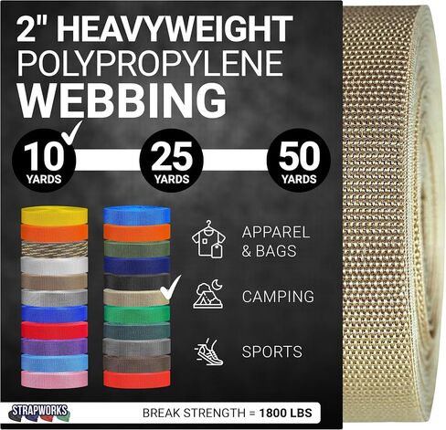 Strapworks Heavyweight Polypropylene Webbing - Heavy Duty Poly Strapping for Outdoor DIY Gear Repair, 2 Inch x 10 Yards - Khaki in Kuwait