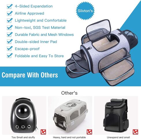 Siivton 4 Way Expandable Pet Carrier, Airline Approved Collapsible Cat Soft-Sided Carriers W/Removable Fleece Pad for Cats, Puppy, Small Dogs (18"x 11"x 11") in Saudi Arabia
