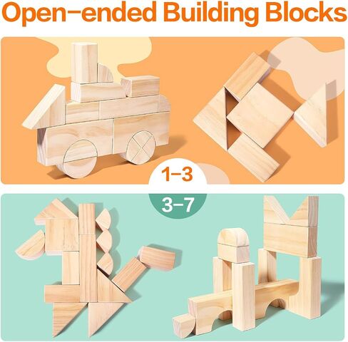 Large Wood Building Blocks with Wooden Storage Tray, 64-Piece Hardwood Sorting & Stacking Toys for Building & Balancing, Educational Preschool Learning Toys for 3+ Year Old Boy and Girl Gifts in Kuwait