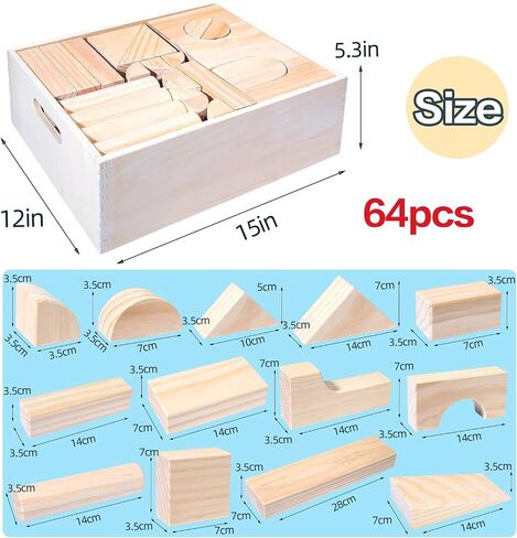 Large Wood Building Blocks with Wooden Storage Tray, 64-Piece Hardwood Sorting & Stacking Toys for Building & Balancing, Educational Preschool Learning Toys for 3+ Year Old Boy and Girl Gifts in Kuwait