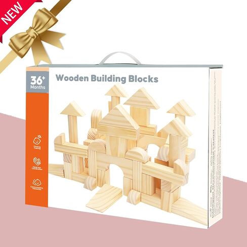 Large Wood Building Blocks with Wooden Storage Tray, 64-Piece Hardwood Sorting & Stacking Toys for Building & Balancing, Educational Preschool Learning Toys for 3+ Year Old Boy and Girl Gifts in Kuwait