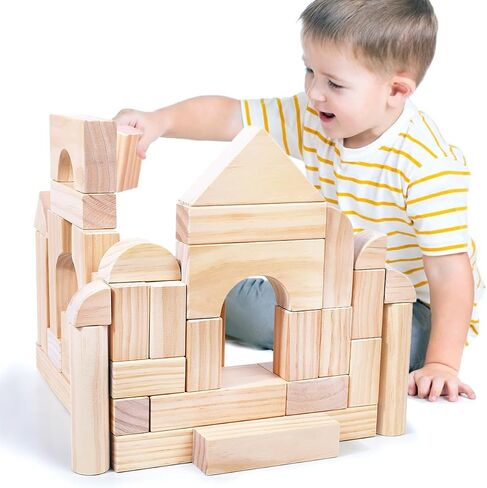 Large Wood Building Blocks with Wooden Storage Tray, 64-Piece Hardwood Sorting & Stacking Toys for Building & Balancing, Educational Preschool Learning Toys for 3+ Year Old Boy and Girl Gifts in Kuwait