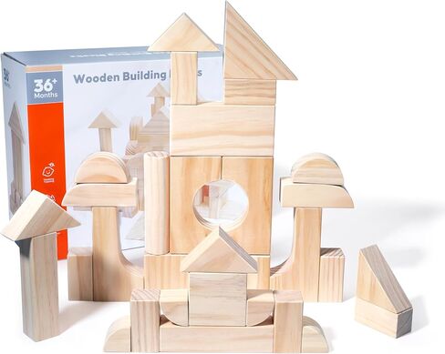 Large Wood Building Blocks with Wooden Storage Tray, 64-Piece Hardwood Sorting & Stacking Toys for Building & Balancing, Educational Preschool Learning Toys for 3+ Year Old Boy and Girl Gifts in Kuwait