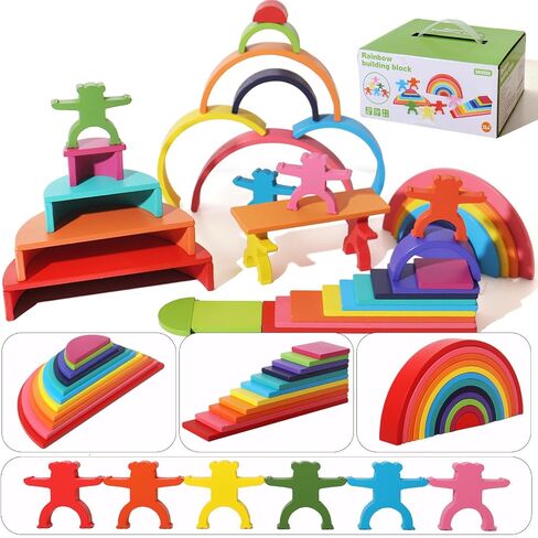 Dinhon 40-Piece Wooden Rainbow Stack Set, 4-in-1 Building Blocks preschoolers Early Development & Activity Toys Montessori Toys for Kids 1 2 3 4 Years and Older Gifts for Boys and Girls in Saudi Arabia