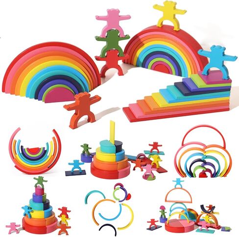 Dinhon 40-Piece Wooden Rainbow Stack Set, 4-in-1 Building Blocks preschoolers Early Development & Activity Toys Montessori Toys for Kids 1 2 3 4 Years and Older Gifts for Boys and Girls in Saudi Arabia