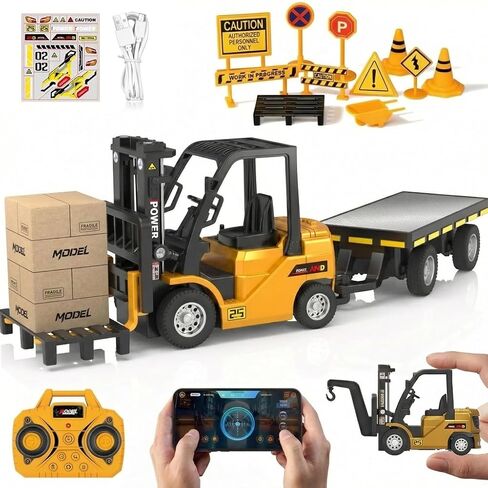 Rc Mini Forklift Toy, 1:64 Alloy Remote Control Forklift 3 Speed & Auto Demo, 10CH Forklift 3 in 1(Fork, Hook, Trailer) with Rubber Tires & Sound Off, Gift for Adults Kids in Kuwait
