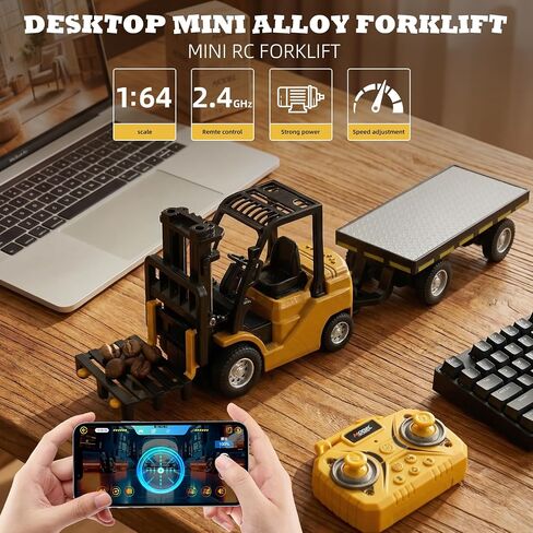 Rc Mini Forklift Toy, 1:64 Alloy Remote Control Forklift 3 Speed & Auto Demo, 10CH Forklift 3 in 1(Fork, Hook, Trailer) with Rubber Tires & Sound Off, Gift for Adults Kids in Kuwait