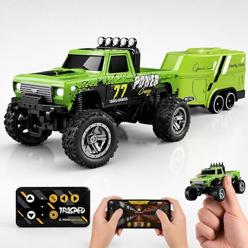 1:64 Scale Mini Remote Control Monster Truck with Trailer | 2.4GHz & App Dual Control, Alloy Mini RC Car with LED Lights, Portable Pocket Toy Car for Kids & Adults, Gift for Boys (Blue-b) in Saudi Arabia