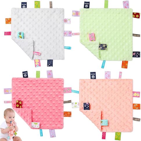 WILLBOND 4 Pcs Baby Tags Security Blankets, Baby Soothing Plush Blanket with Colorful Tags, 9.5'' x 9.5" Square Sensory Comforter Toys for 0-12 Months Babies Nursery Bed(Grey, Pink, Blue, Yellow) in Kuwait
