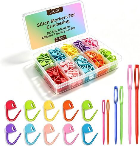 IOGOG 200 PCS Stitch Markers for Crocheting, 10 Colors Crochet Stitch Markers with Storage Case & 6 Plastic Tapestry Needles, Locking Stitch Markers for Knitting, Crochet & DIY Crafts in Kuwait