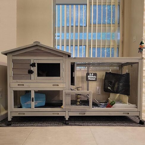 Bunny Cage Indoor and Outdoor Rabbit Hutch with Casters Waterproof Roof, Pull Out Tray from Back and Front in Kuwait