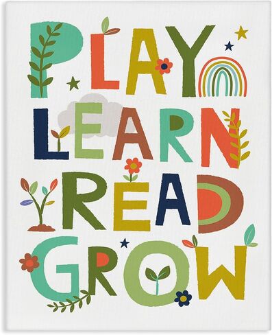 Stupell Industries Play Learn Read Grow Children's Typography Rainbow Flowers Canvas Wall Art, 16 x 20, Multi-Color in Kuwait
