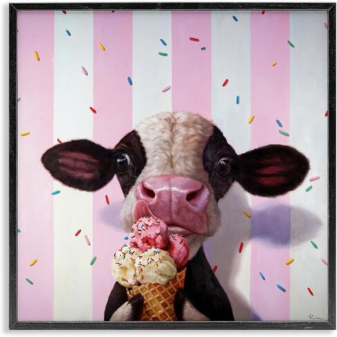 Stupell Industries Cute Baby Cow with Ice Cream Cone Pink Stripes, Designed by Lucia Heffernan Black Framed Wall Art, 12 x 12, Brown in Kuwait