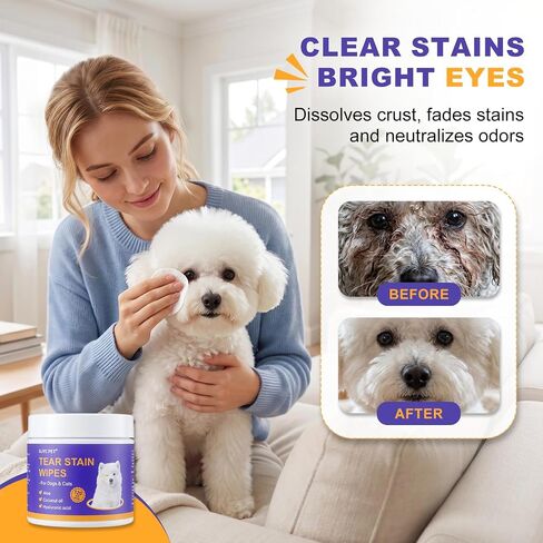 Tear Stain Remover Wipes for Dogs & Cats, Extra Thick Dog Eye Wipes with Coconut Oil, Probiotics & Aloe - Natural Pet Face Wipes for Stains, Odors & Folds - pH Balanced, 120 Count in Saudi Arabia