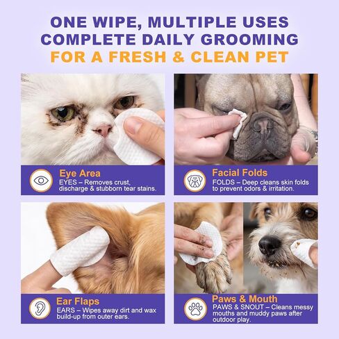 Tear Stain Remover Wipes for Dogs & Cats, Extra Thick Dog Eye Wipes with Coconut Oil, Probiotics & Aloe - Natural Pet Face Wipes for Stains, Odors & Folds - pH Balanced, 120 Count in Saudi Arabia