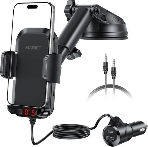 Magift Bluetooth FM Transmitter for Car - 3 in 1 Bluetooth Car Adapter with Phone Holder Supports QC3.0 Charging,Stronger Microphone & Enhanced FM Transmission are Built in Car Bluetooth Adapter in Kuwait