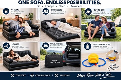 Folding Portable Inflatable Sofa Twin Bed, Lazy Flocking Queen Size Pull Out Air Bed Mattress - Great for Indoor Living Room, Outdoor Balcony, Backyard, Camping, Picnic, RV (YT-142) (Red) in Saudi Arabia