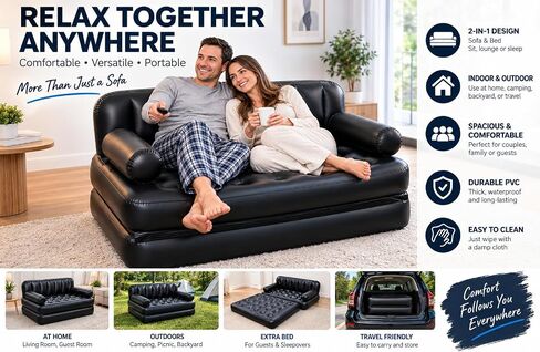 Folding Portable Inflatable Sofa Twin Bed, Lazy Flocking Queen Size Pull Out Air Bed Mattress - Great for Indoor Living Room, Outdoor Balcony, Backyard, Camping, Picnic, RV (YT-142) (Red) in Saudi Arabia