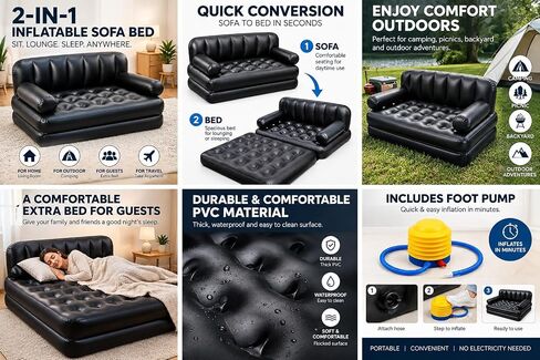 Folding Portable Inflatable Sofa Twin Bed, Lazy Flocking Queen Size Pull Out Air Bed Mattress - Great for Indoor Living Room, Outdoor Balcony, Backyard, Camping, Picnic, RV (YT-142) (Red) in Saudi Arabia