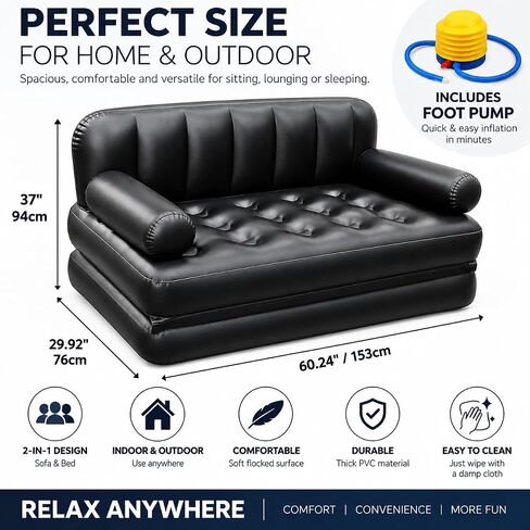 Folding Portable Inflatable Sofa Twin Bed, Lazy Flocking Queen Size Pull Out Air Bed Mattress - Great for Indoor Living Room, Outdoor Balcony, Backyard, Camping, Picnic, RV (YT-142) (Red) in Saudi Arabia