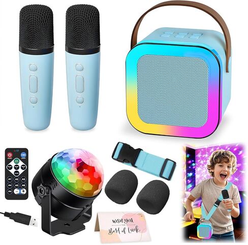 Karaoke Machine for Kids, Portable Bluetooth Speaker with 2 Wireless Microphones, 1 Disco Ball Strobe Lamp 7 Modes Stage Light for Home Room Dance Parties Birthday in Kuwait