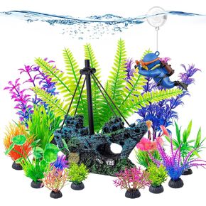 CousDUoBe 16 Pcs Fish Tank Decor Set Shipwreck Decoration Fish Tank Plants in Kuwait