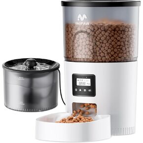 IMIPAW Automatic Cat Feeder and Water Fountain, Timed Dry Food Dispenser, Programmable Portion Control, 1-6 Meals Per Day, Desiccant Bag, Cat Fountains for Drinking with Filter, Small Pets (3L Combo) in Kuwait