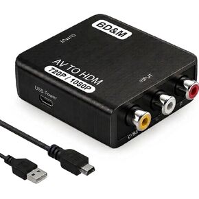 BD&M AV to HDMI Converter, RCA to HDMI, 1080P Mini RCA Composite CVBS Video Audio Converter Adapter Support PAL/NTSC for TV/PC/ PS3/ STB/Xbox VHS/VCR/Blue-Ray DVD Players - Black in Kuwait