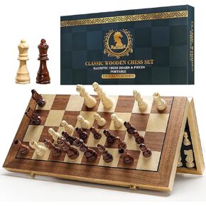 Vahome Magnetic Chess Set for Adults & Kids, 15" Wooden Folding Chess Boards, Handcrafted Portable Travel Chess Game with Pieces Storage Slots, 2 Extra Queens in Kuwait