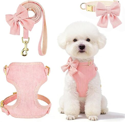 Cute Small Dog Harness Collar and Leash Set with Detachable Bowtie, Adjustable Dog Harness Collar and Leash Set with Secure Metal Buckle for Daily Walking, Parties & Holiday Pink, S in Kuwait
