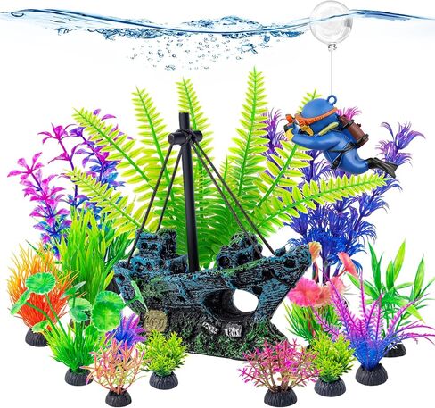 CousDUoBe 16 Pcs Fish Tank Decor Set Shipwreck Decoration Fish Tank Plants in Kuwait