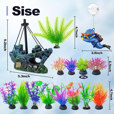 CousDUoBe 16 Pcs Fish Tank Decor Set Shipwreck Decoration Fish Tank Plants in Kuwait