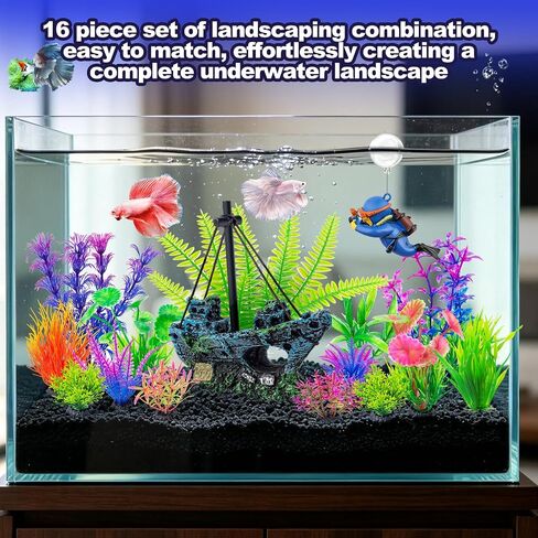CousDUoBe 16 Pcs Fish Tank Decor Set Shipwreck Decoration Fish Tank Plants in Kuwait