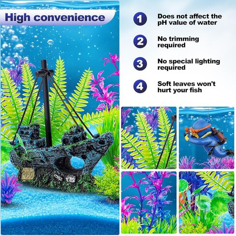CousDUoBe 16 Pcs Fish Tank Decor Set Shipwreck Decoration Fish Tank Plants in Kuwait