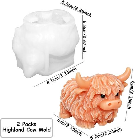 Highland Cow Silicone Mold for Resin Candle Soap, 2 Packs 3D Cute Cow Animal Candle Mold for Candle Making, Highland Cow Chocolate Candy Fondant Molds for Cake Decor in Kuwait