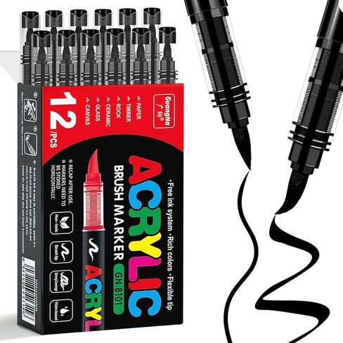 Surcotto 12 PCS Black Acrylic Paint Markers,Soft Brush Tip Acrylic Paint Markers,Quick-Drying Waterproof Acrylic Markers for Canvas,Rock Painting,Wood, Stone,Glass,Ceramic,Fabric Painting in Saudi Arabia