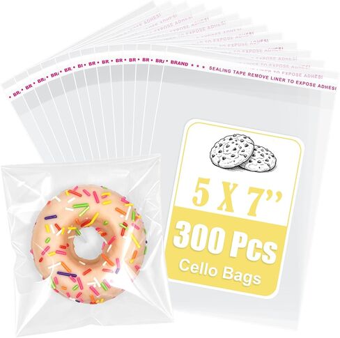 ZGORENDZ 300 Pcs Cellophane bags 5×7" Self Sealing Cookie Bags Clear Plastic Cello Bags for Favors, Bakery Supplies, Gifts, Candy, Chocolate Chip Cookies, Brownies in Saudi Arabia