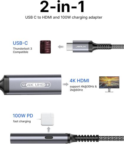 جي سوكس USB C الى HDMI مع محول شاحن بي دي، 2 في 1 نوع سي الى HDMI 4K عند 30Hz/100 واط ثاندربولت 3 شحن سريع متوافق مع ايفون 15 برو ماكس/15 برو/15 بلس/15، ماك بوك، جالاكسي، ديل، ستيم ديك، روج الي in Kuwait