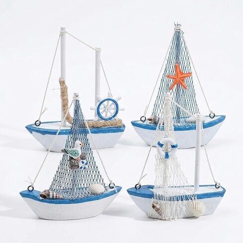 4 Pcs Wooden Sailingboat Model Miniature Mini Nautical Sailboat Decoration for Home Bathroom Nursery Party Beach Ocean Theme Ornament - Sky Blue in Saudi Arabia