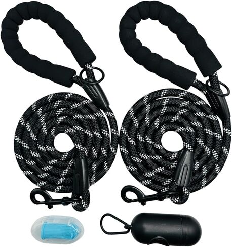 2 Pack 5 Ft Heavy Duty Dog Leash with Poop Bag and Dispenser and Silicone Toothbrush, Durable, Comfortable Padded Handle, Reflective Dog Rope leashes for Small Medium & Large Dogs. in Kuwait