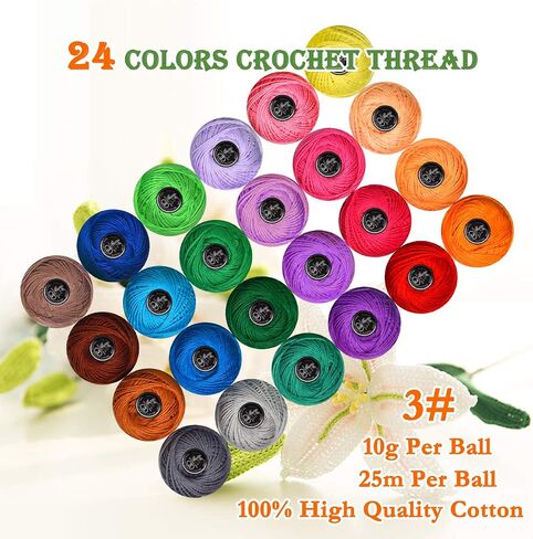 Crochet Thread Cotton Yarn Threads Balls 24 Colors Popular Rainbow Colors of Size 3 Crochet Thread for Beginners and Experienced Crochet Enthusiast (Assorted Colors) in Kuwait