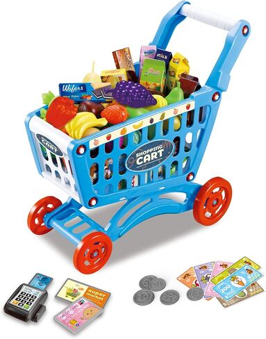 RedCrab Kids Shopping Cart Toy Supermarket 54pcs Playset Included Grocery Cart Toy,Credit Card Pretend Fruit Vegetables Shop Accessories for Boy Girl Kid (Blue) in Kuwait