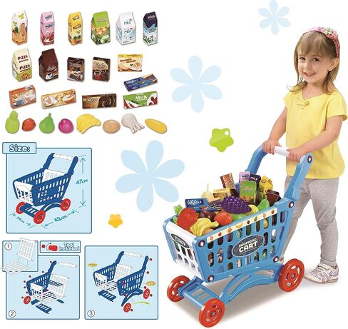 RedCrab Kids Shopping Cart Toy Supermarket 54pcs Playset Included Grocery Cart Toy,Credit Card Pretend Fruit Vegetables Shop Accessories for Boy Girl Kid (Blue) in Kuwait