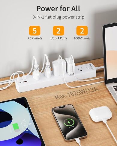 DEPOW 2 Pack Surge Protector Power Strip, 1700 Joules, 1875W/15A with Ultra Thin 10 Ft and 6 Ft Extension Cord, 5 Widely Spaced Outlets with 4 USB Ports (2USB-C), Flat Plug for Home Office, Black in Kuwait