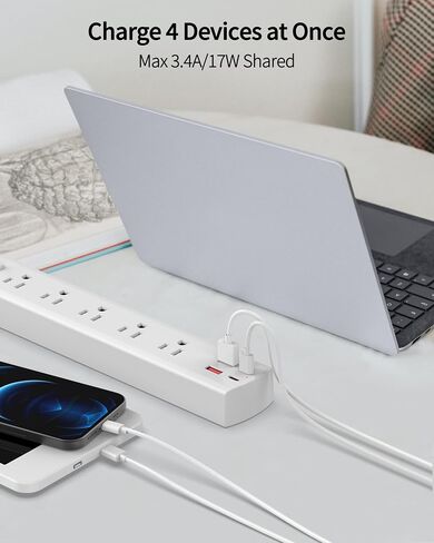 DEPOW 2 Pack Surge Protector Power Strip, 1700 Joules, 1875W/15A with Ultra Thin 10 Ft and 6 Ft Extension Cord, 5 Widely Spaced Outlets with 4 USB Ports (2USB-C), Flat Plug for Home Office, Black in Kuwait